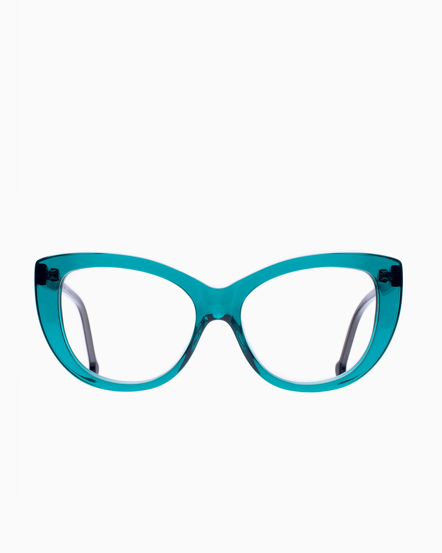 green plastic cat eyeglasses by Marie-Sophie Dion model Younan, front view, lunettes de vue Vert 