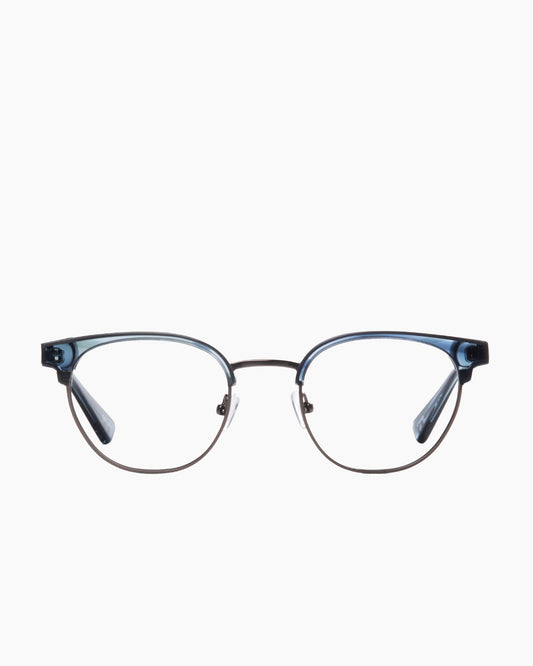 blue metal oval eyeglasses by Evolve model Calvin, front view, lunettes de vue ovale couleur bleu