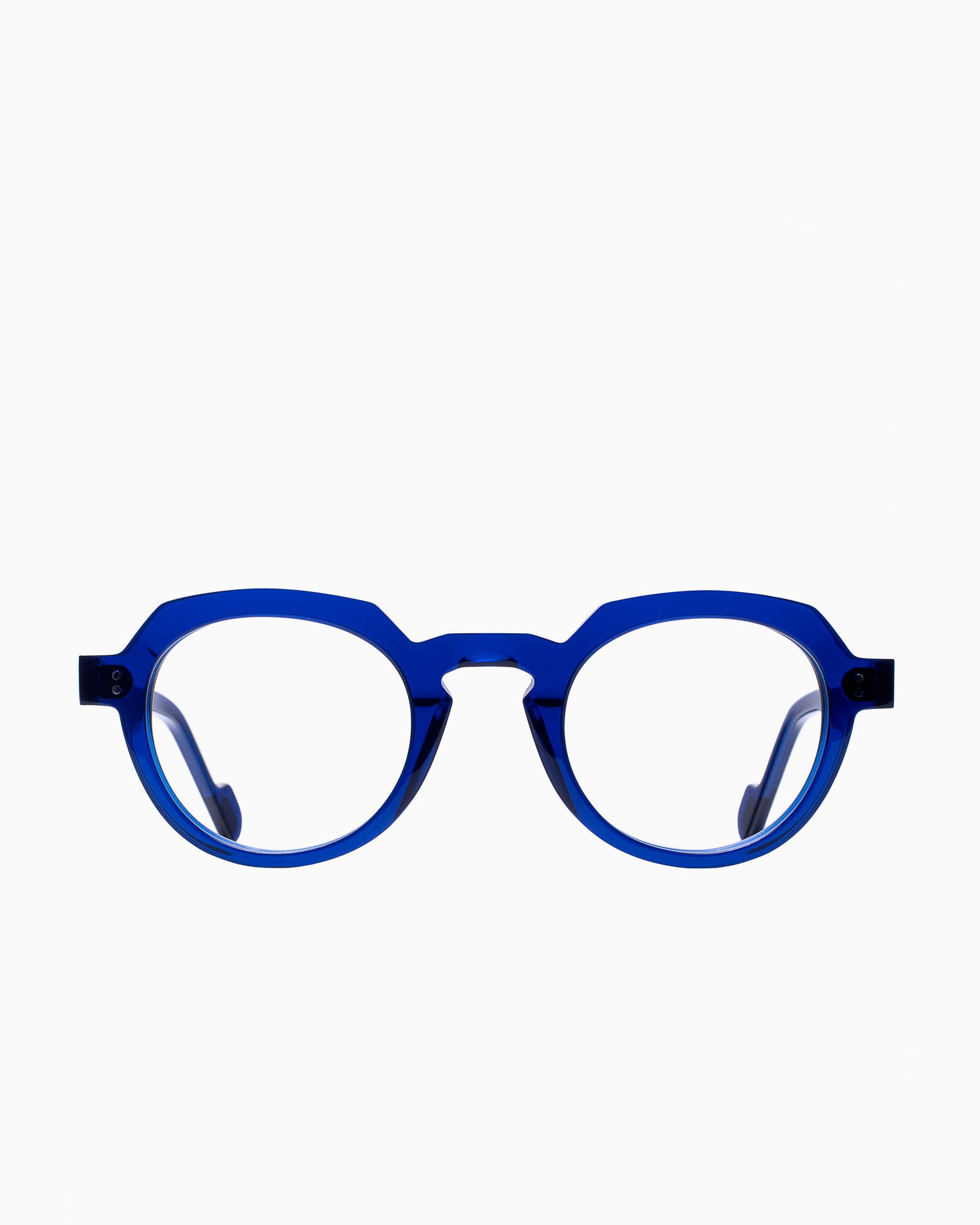 blue plastic round eyeglasses by Anne et Valentin model DJANGO, front view, lunettes de vue rond couleur Bleu