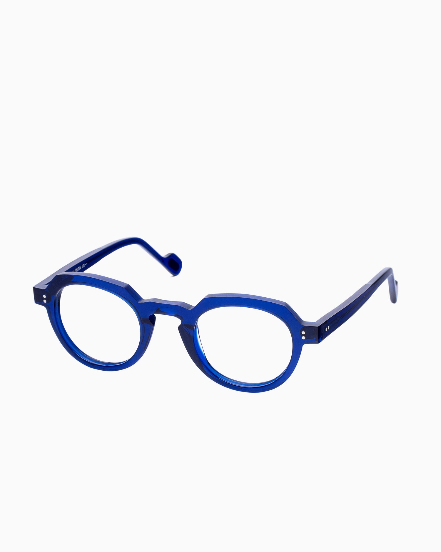 blue plastic round eyeglasses by Anne et Valentin model DJANGO, front view, lunettes de vue rond couleur Bleu