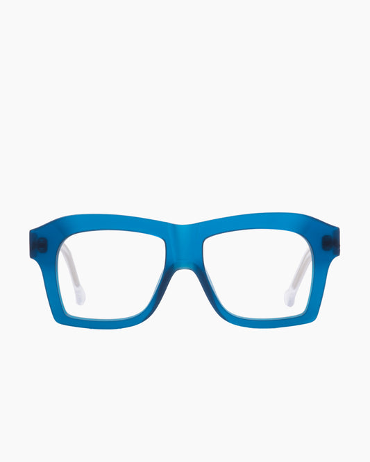 blue plastic rectangle eyeglasses by Marie-Sophie Dion model Dussault, front view, lunettes de vue rectangle couleur Bleu