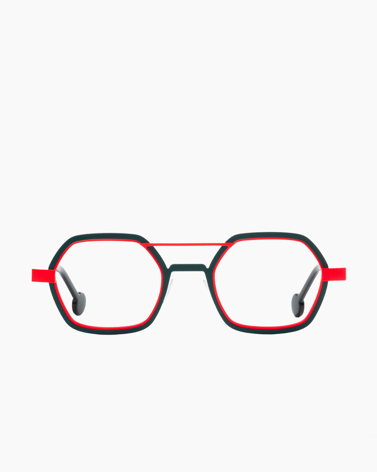 green metal hexagon eyeglasses by Anne et Valentin model wellsaid, front view, lunettes de vue vert hexagone