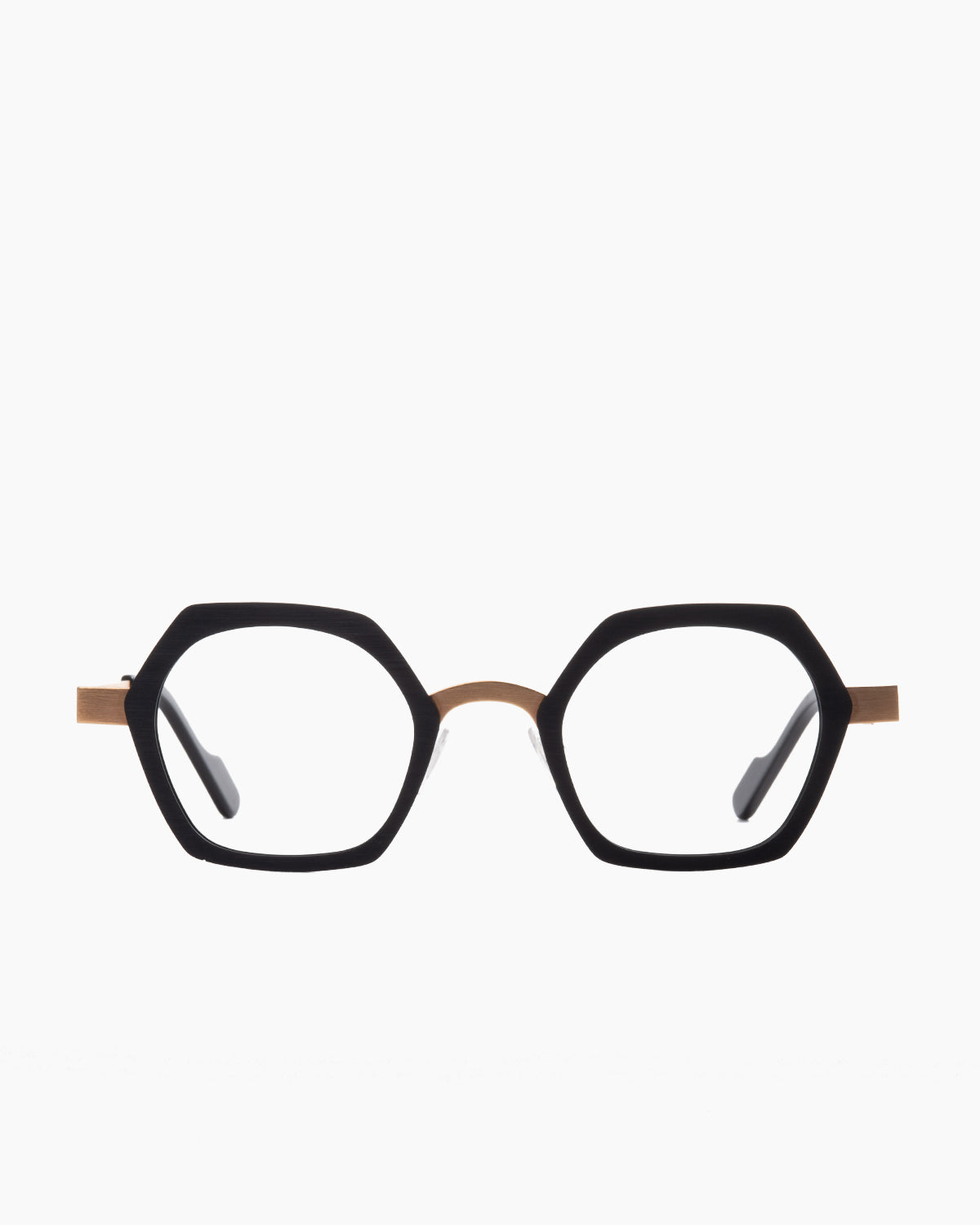 black metal hexagon eyeglasses by Anne et Valentin model Foryou, front view, lunettes de vue hexagone couleur Noir