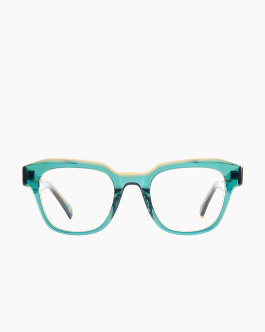 green plastic rectangle eyeglasses by Spectacleeyeworks model Becca, front view, lunettes de vue rectangle couleur vert