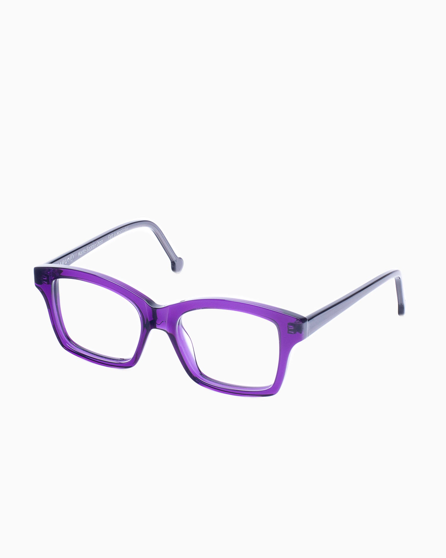 purple plastic butterfly eyeglasses by Marie-Sophie Dion model Giguere, front view, lunettes de vue violet papillon
