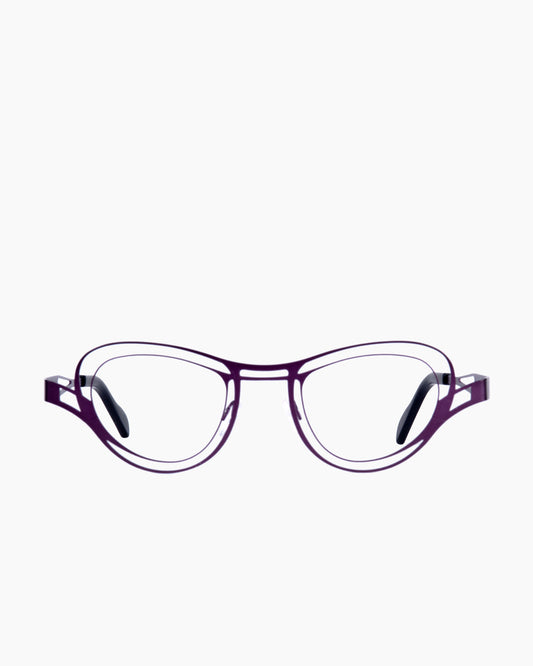purple metal butterfly eyeglasses by Theo model Sal, front view, lunettes de vue papillon couleur violet