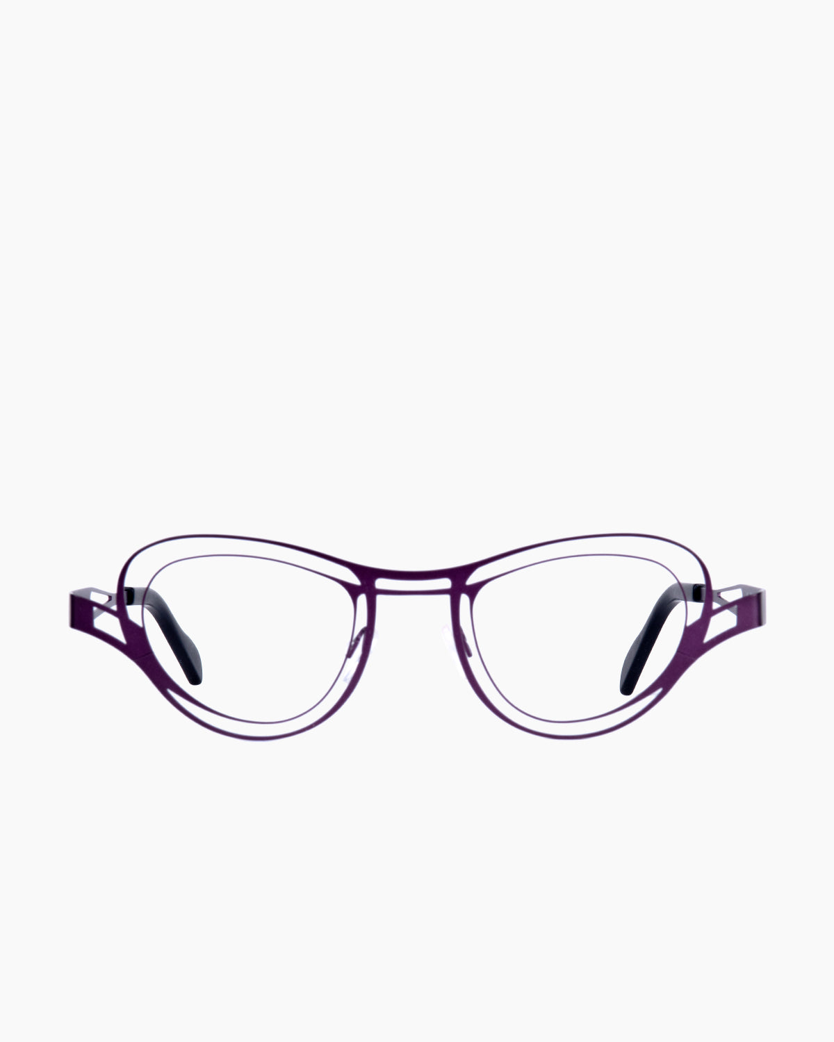 purple metal butterfly eyeglasses by Theo model Sal, front view, lunettes de vue papillon couleur violet