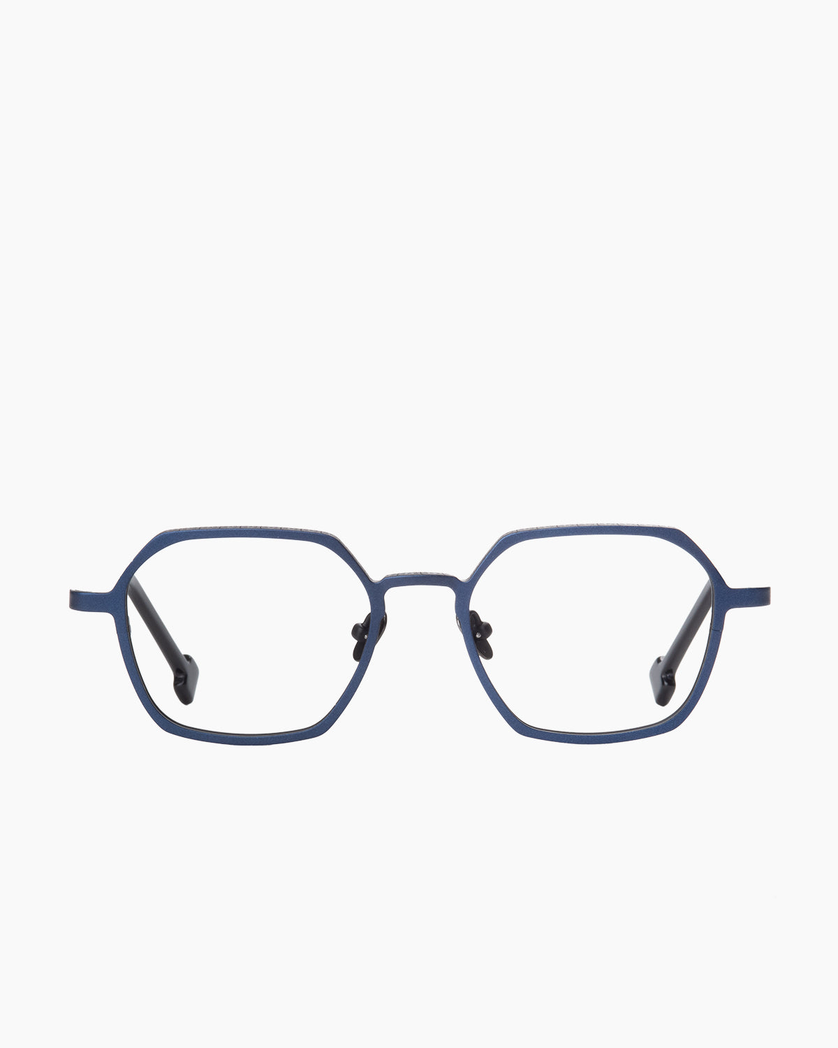 blue metal hexagon eyeglasses by Spectacleeyeworks model persepolis, front view, lunettes de vue bleu hexagone
