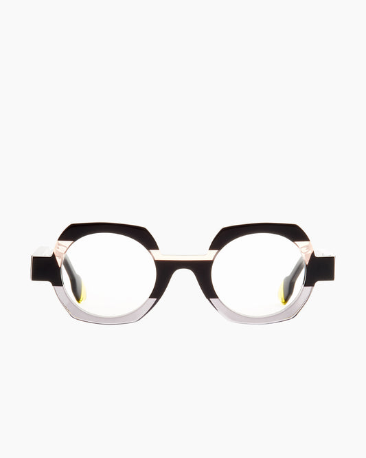 black plastic round eyeglasses by Anne et Valentin model Hehe, front view, lunettes de vue rond couleur noir