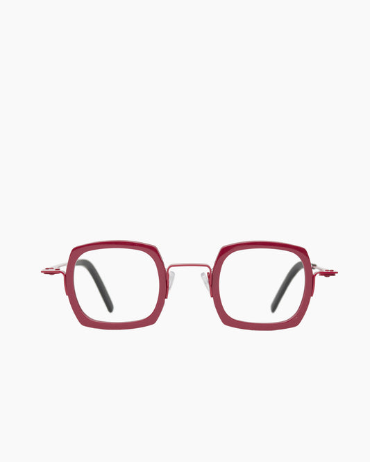 red metal rectangle eyeglasses by Theo model Broccoli, front view, lunettes de vue rectangle couleur Rouge