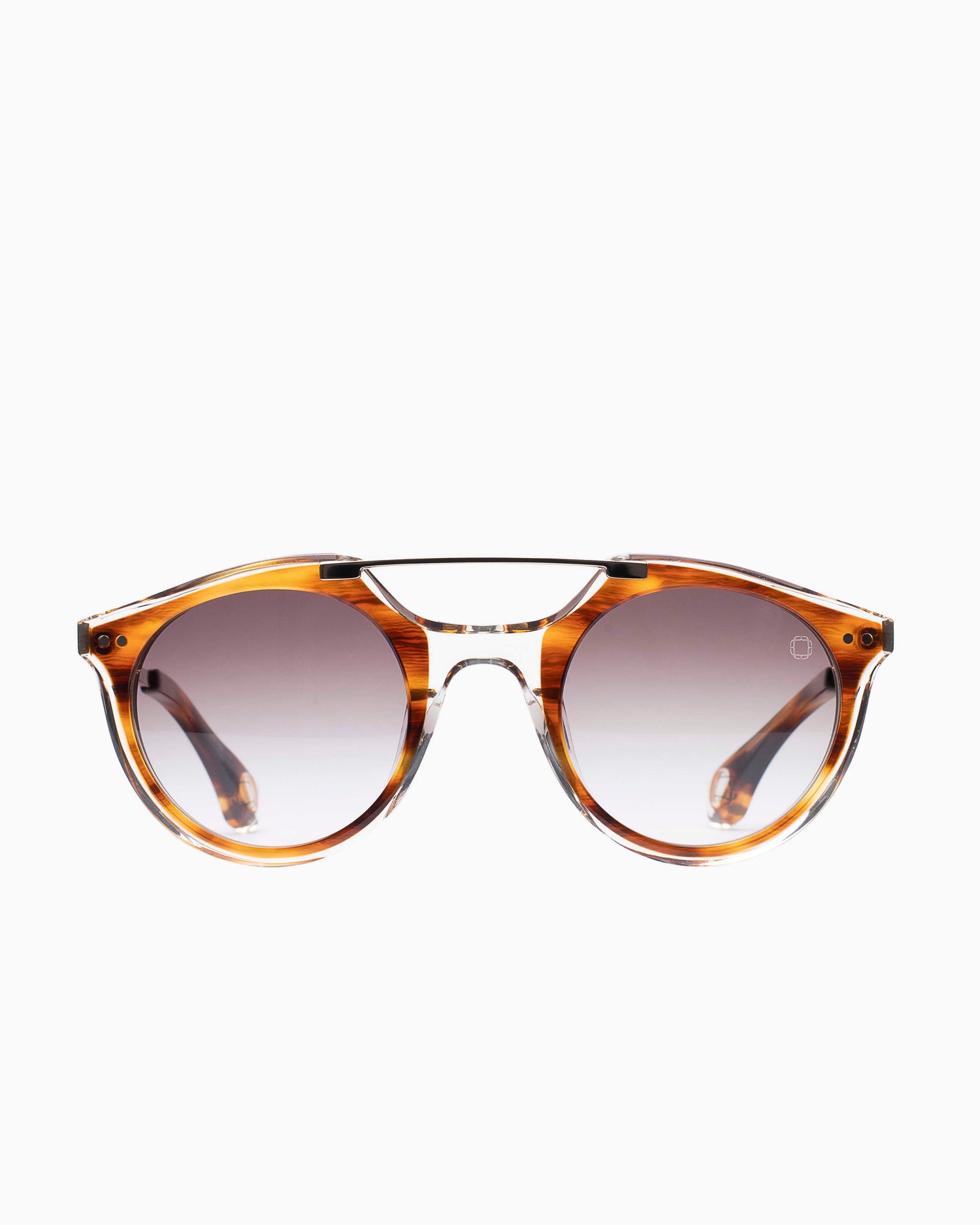 tortoise plastic aviator  sunglassesby Blake Kuwahara model Eichler, front view, lunettes de vue Écaille de tortue aviateur