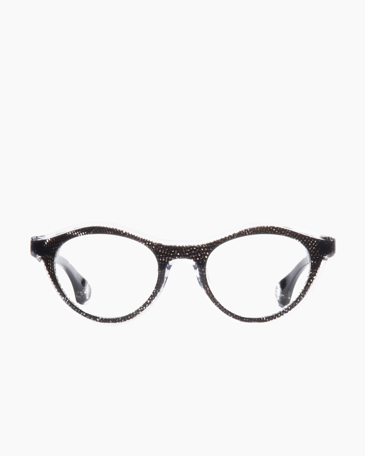 black plastic cat eyeglasses by Blake Kuwahara model caron, front view, lunettes de vue noir chat