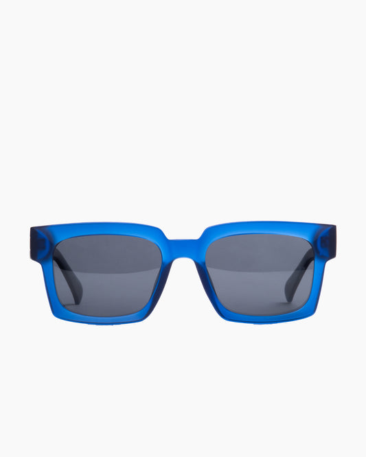 blue plastic rectangle  sunglassesby Evolve model ELS6, front view, lunettes de vue rectangle couleur bleu
