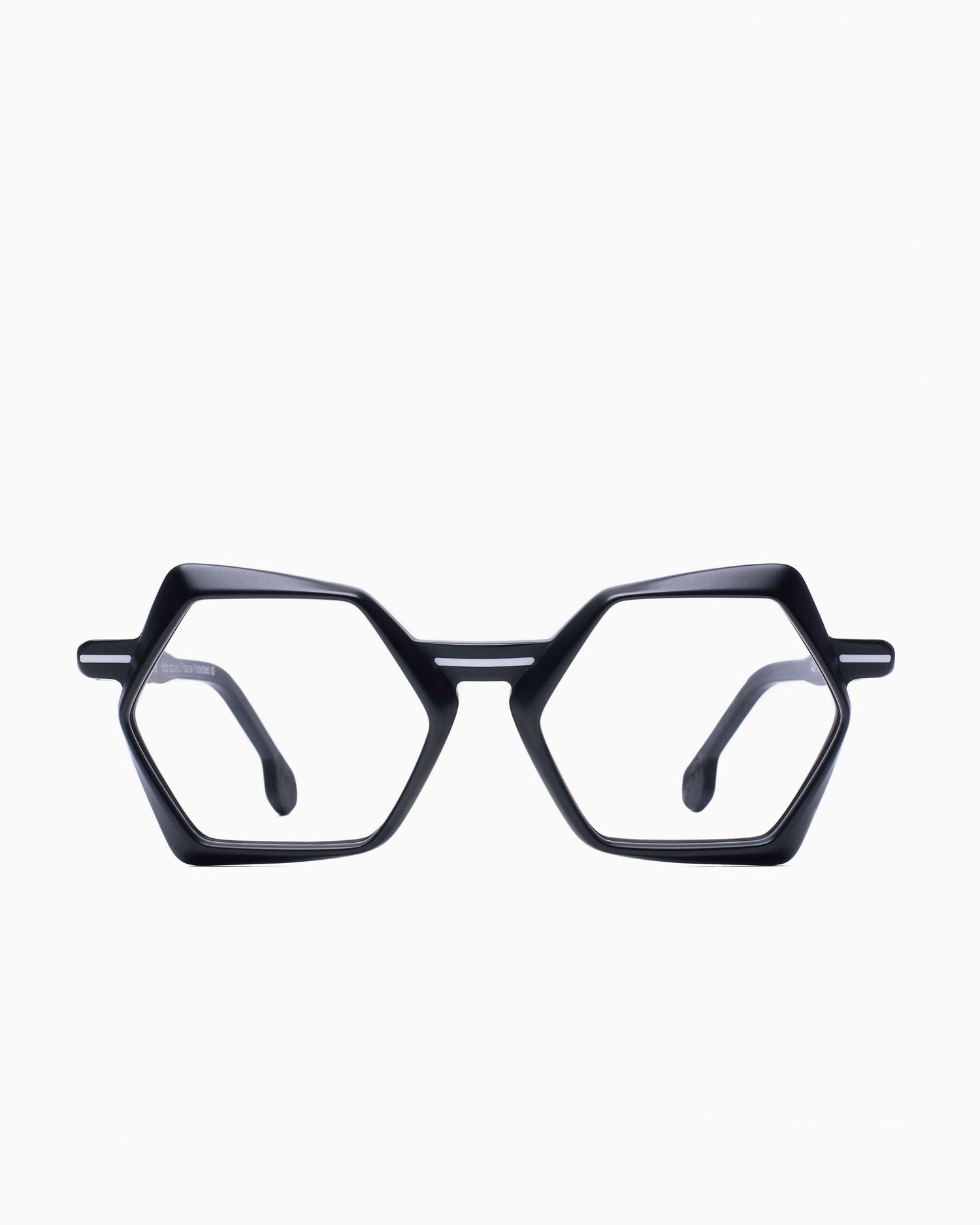 black plastic hexagon  sunglassesby Dzmitry Samal model 009, front view, lunettes de vue Noir 
