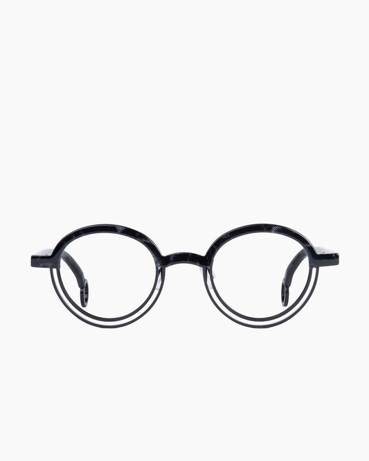 black metal round eyeglasses by Theo model BUMPER, front view, lunettes de vue rond couleur Noir