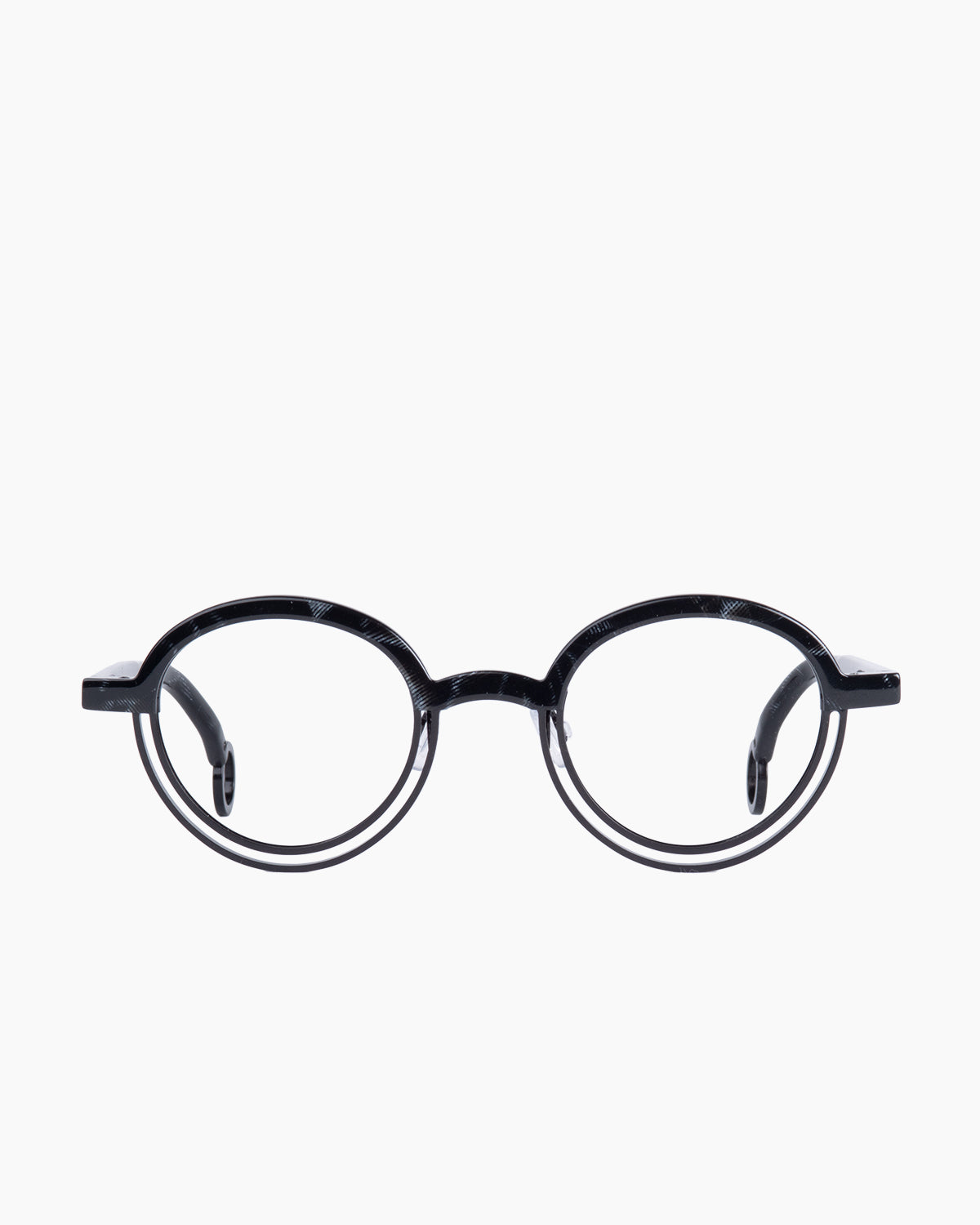 black metal round eyeglasses by Theo model BUMPER, front view, lunettes de vue rond couleur Noir