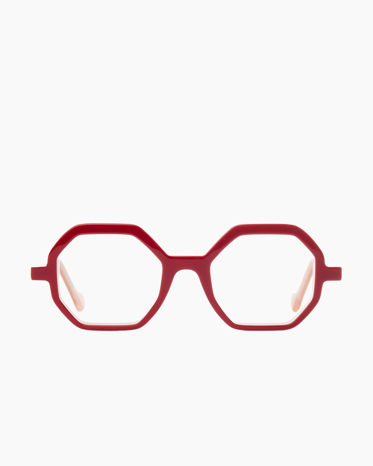 red plastic octogon eyeglasses by Anne et Valentin model Abira, front view, lunettes de vue rouge octogone