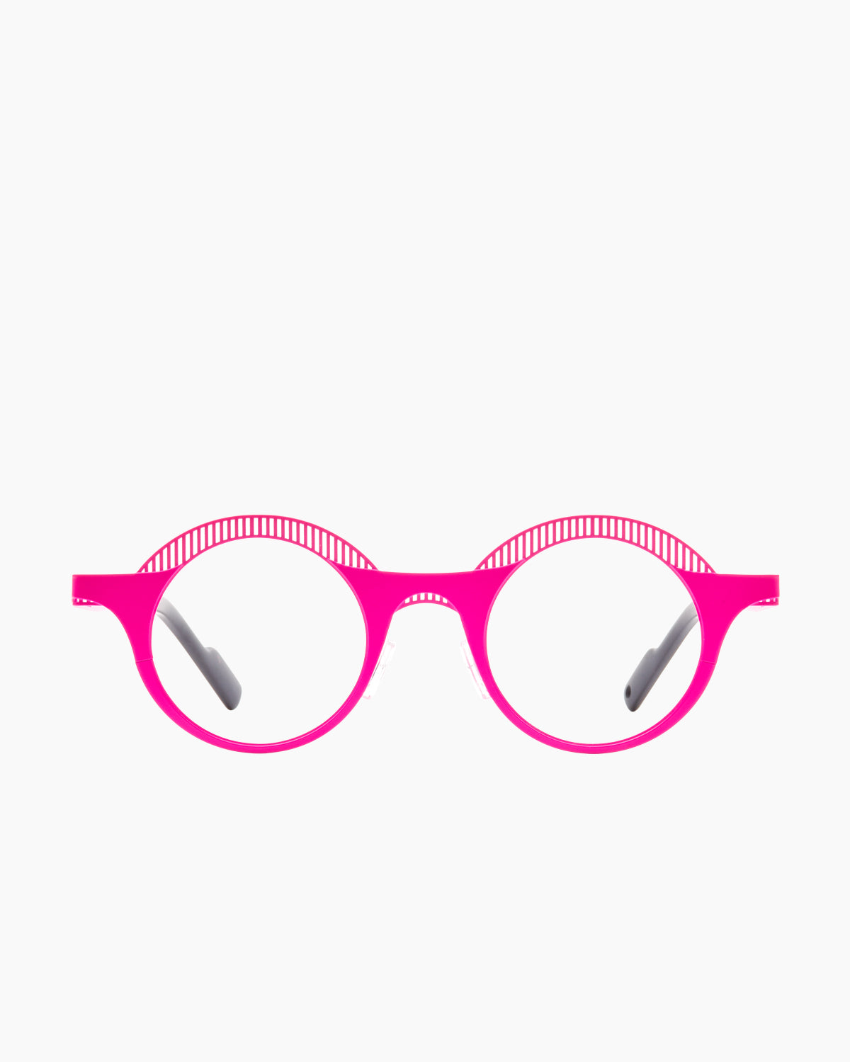 pink metal round eyeglasses by Theo model , front view, lunettes de vue rose rond