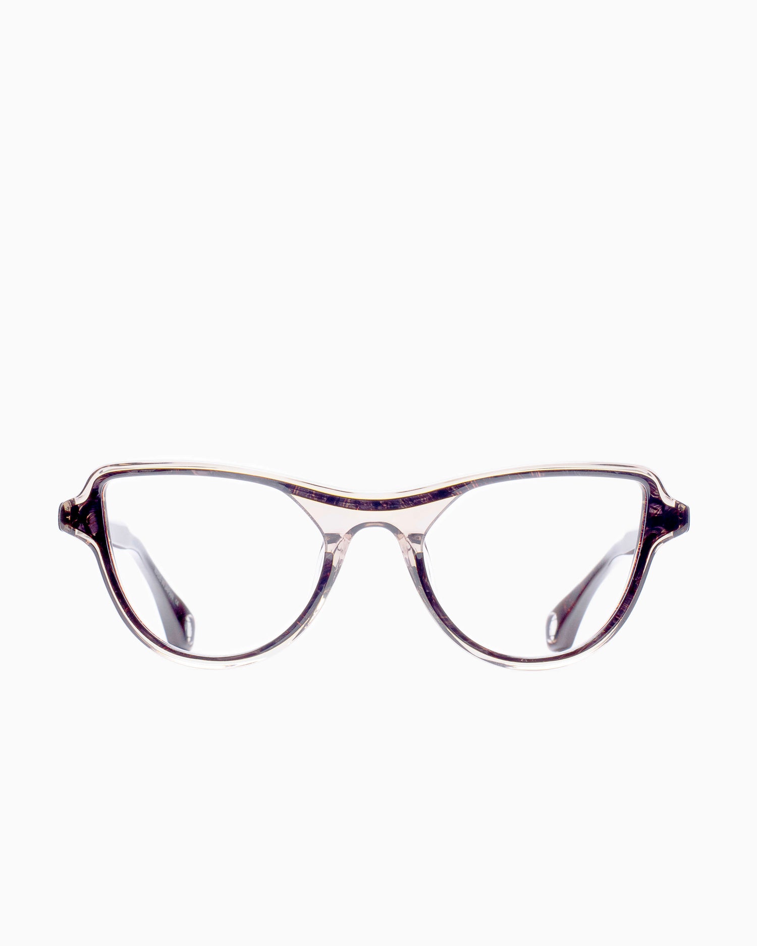 pink plastic cat eyeglasses by Blake Kuwahara model Larrabee, front view, lunettes de vue Rose 