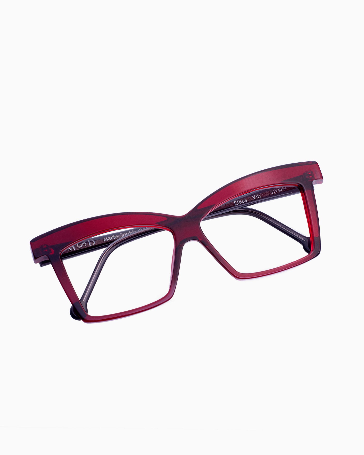 burgundy plastic butterfly eyeglasses by Marie-Sophie Dion model Elkas, front view, lunettes de vue papillon couleur bourgogne