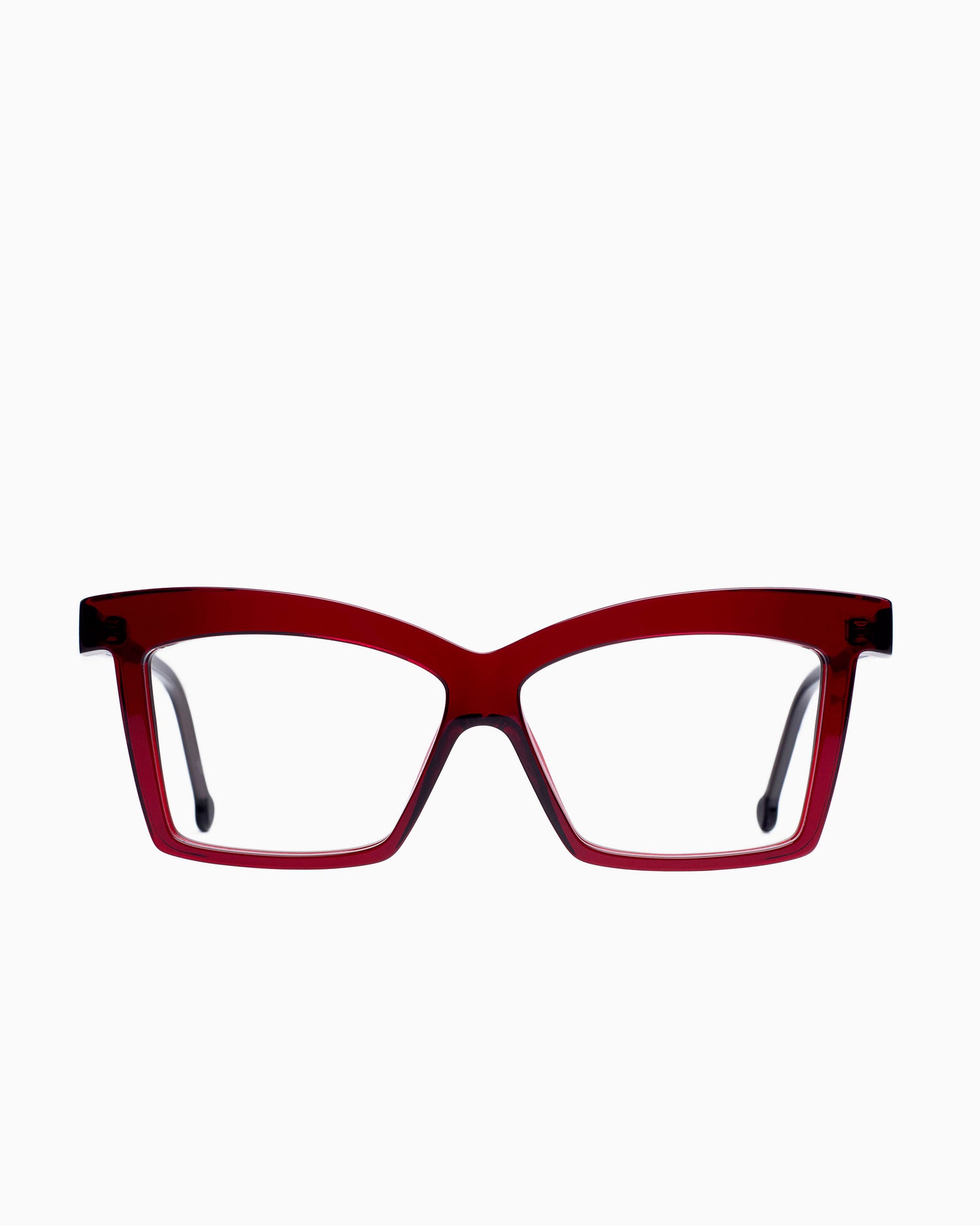 burgundy plastic butterfly eyeglasses by Marie-Sophie Dion model Elkas, front view, lunettes de vue papillon couleur bourgogne