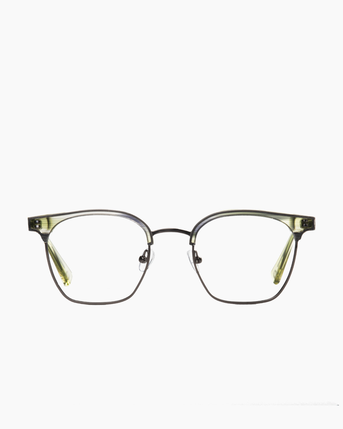 green metal rectangle eyeglasses by Evolve model Woodrow, front view, lunettes de vue vert rectangle