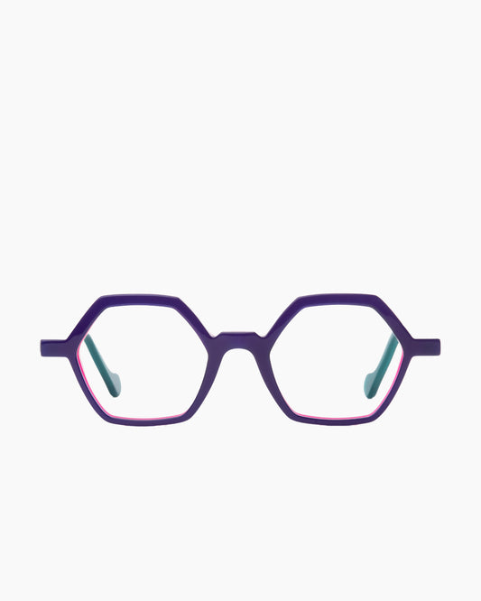 purple plastic hexagon eyeglasses by Anne et Valentin model azur, front view, lunettes de vue hexagone couleur violet