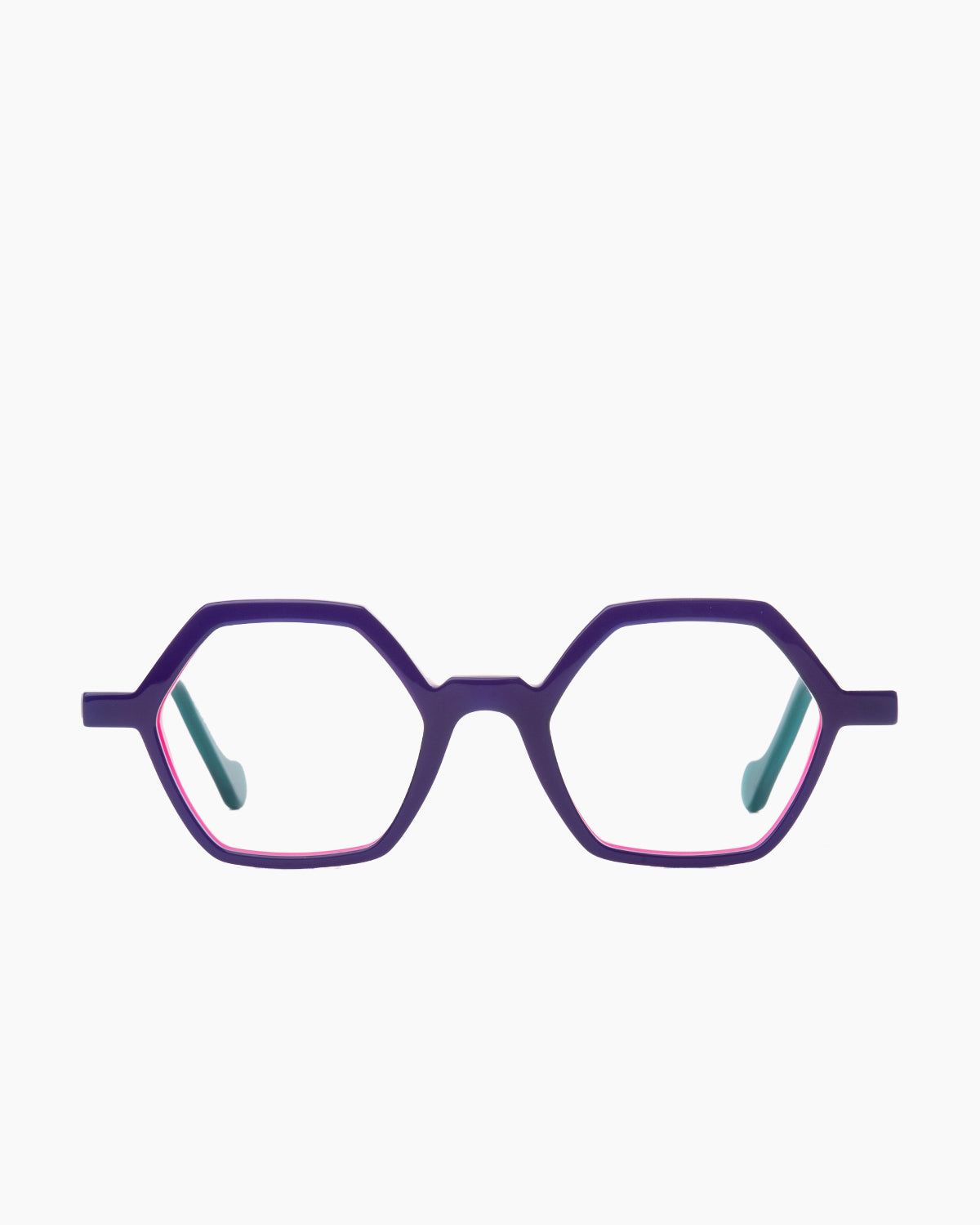 purple plastic hexagon eyeglasses by Anne et Valentin model azur, front view, lunettes de vue hexagone couleur violet