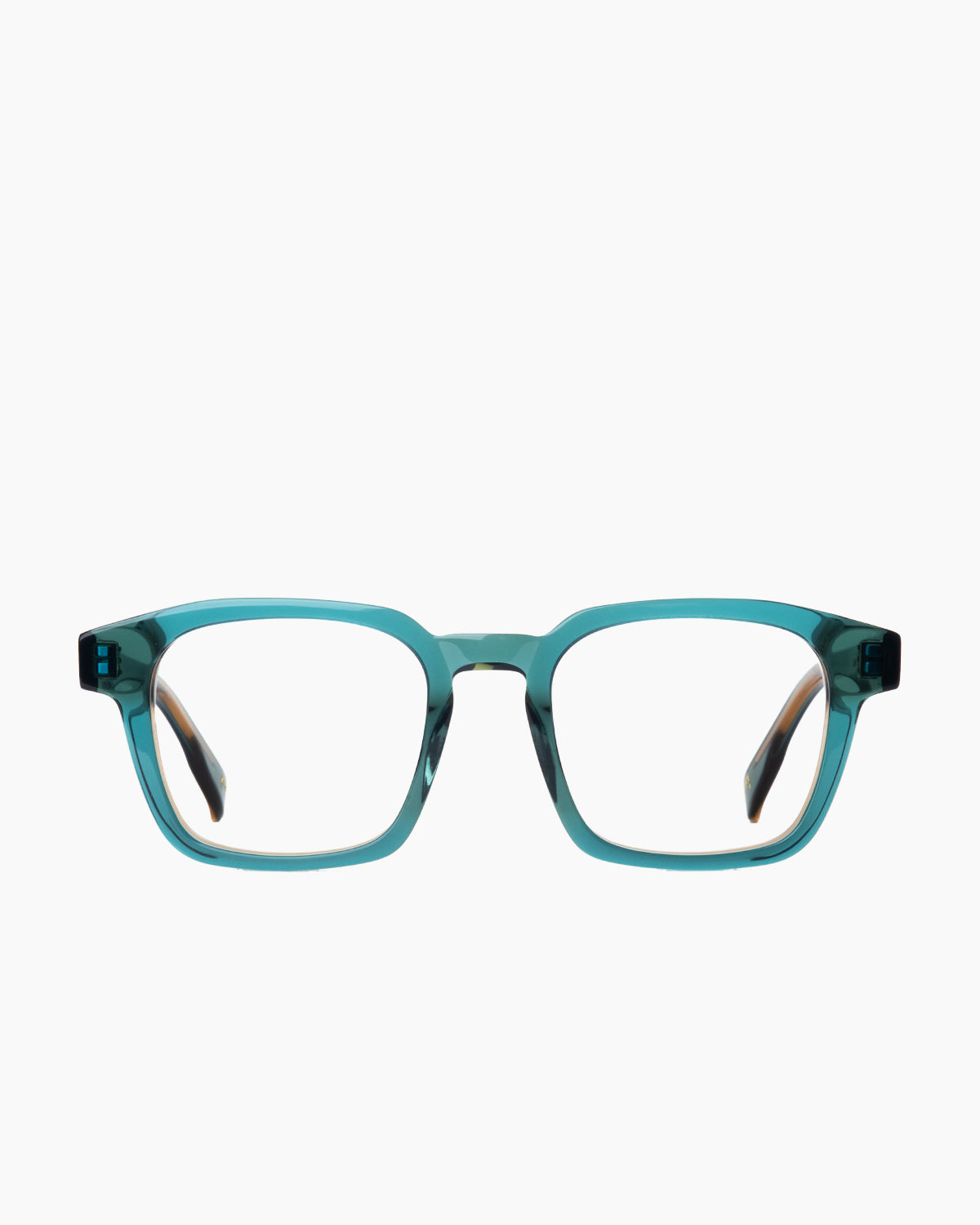 turquoise plastic rectangle eyeglasses by Spectacleeyeworks model Yolanta, front view, lunettes de vue turquoise rectangle