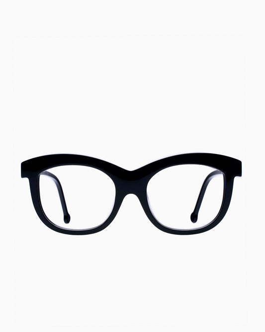 black plastic butterfly eyeglasses by Marie-Sophie Dion model Elmir, front view, lunettes de vue papillon couleur Noir