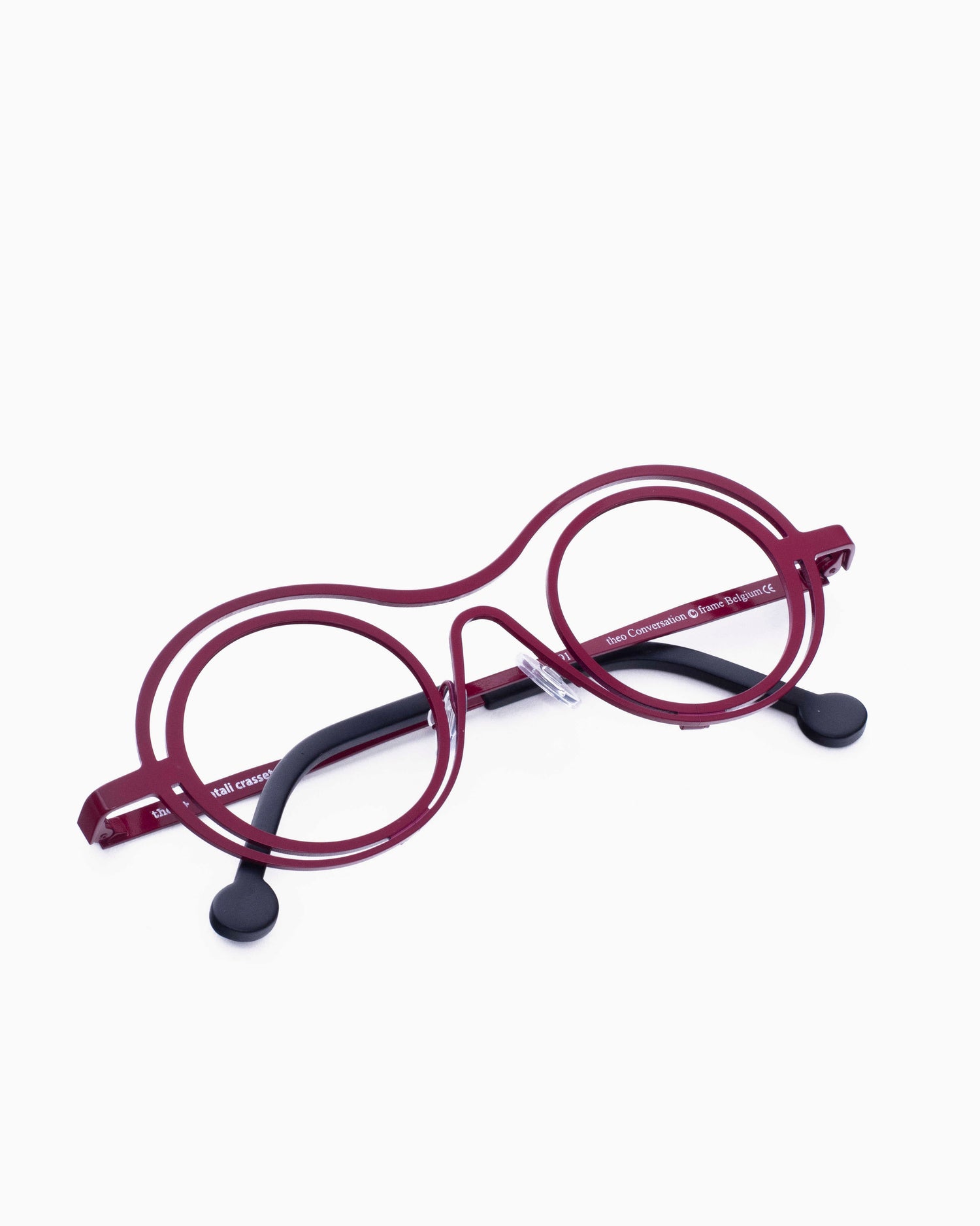 red metal round eyeglasses by Theo model Conversation, front view, lunettes de vue Rouge rond