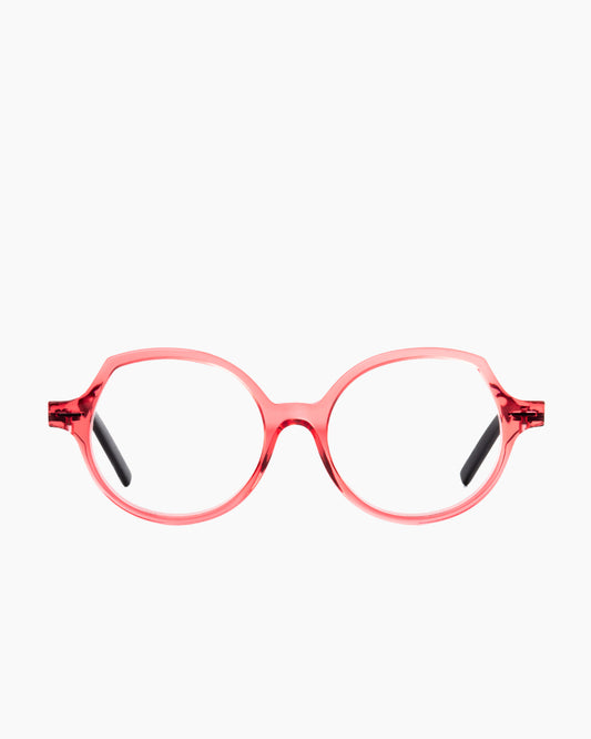 pink plastic round eyeglasses by Theo model Slay, front view, lunettes de vue rond couleur rose