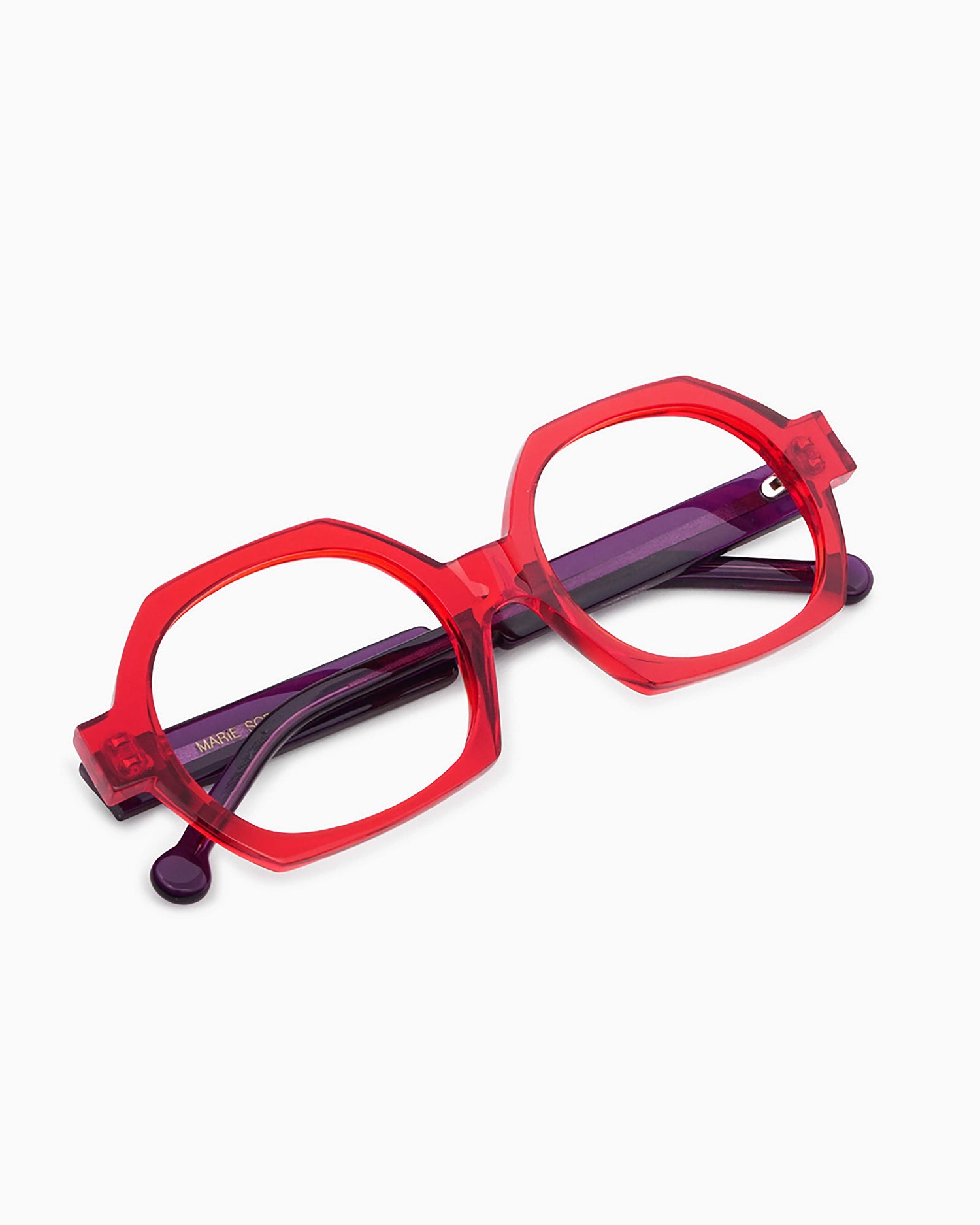 red plastic hexagon eyeglasses by Marie-Sophie Dion model Laperle.T, front view, lunettes de vue Rouge hexagone