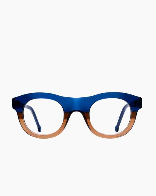 blue plastic round eyeglasses by Marie-Sophie Dion model Yamamoto, front view, lunettes de vue rond couleur bleu