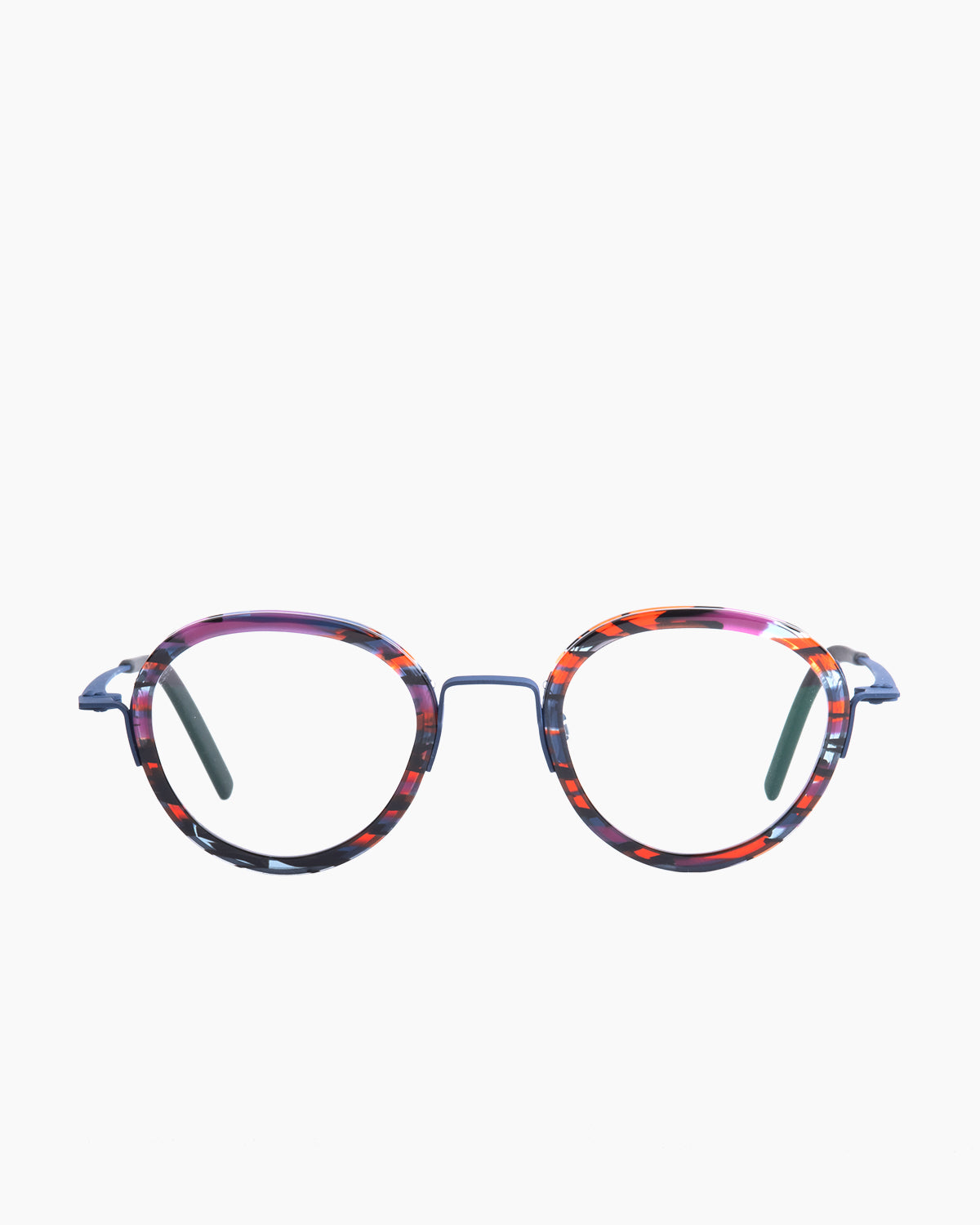 blue metal round eyeglasses by Theo model STAMPPOT, front view, lunettes de vue rond couleur Bleu
