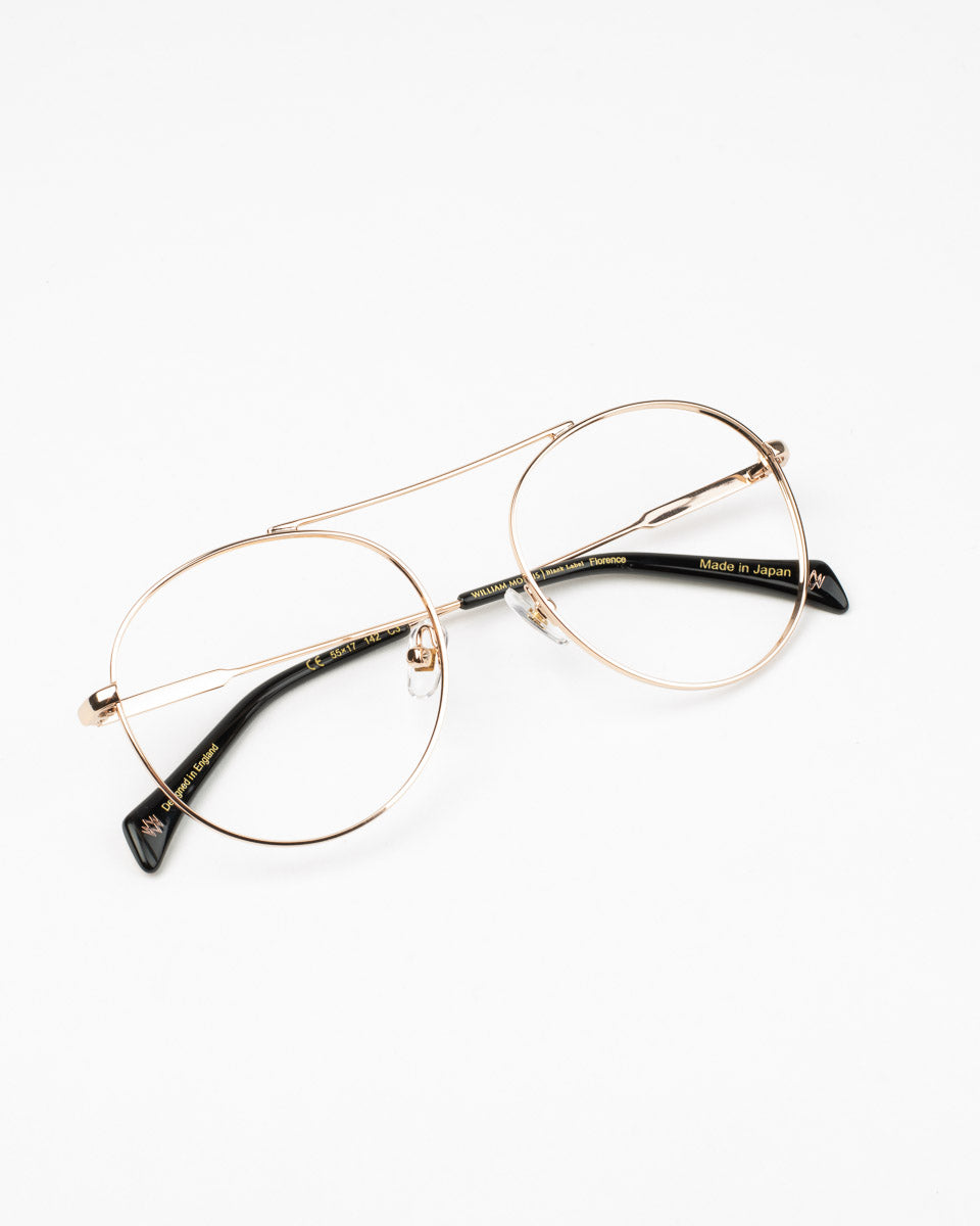 gold metal aviator eyeglasses by William Morris model Florence, front view, lunettes de vue Or aviateur