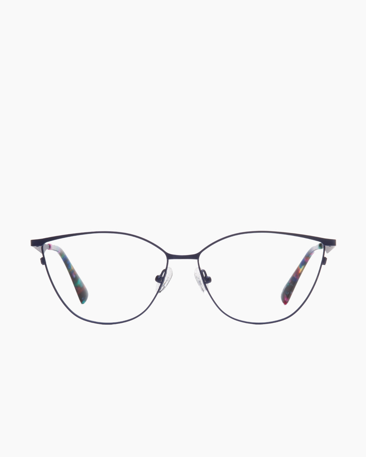 blue metal cat eyeglasses by Evolve model Natalie, front view, lunettes de vue bleu chat