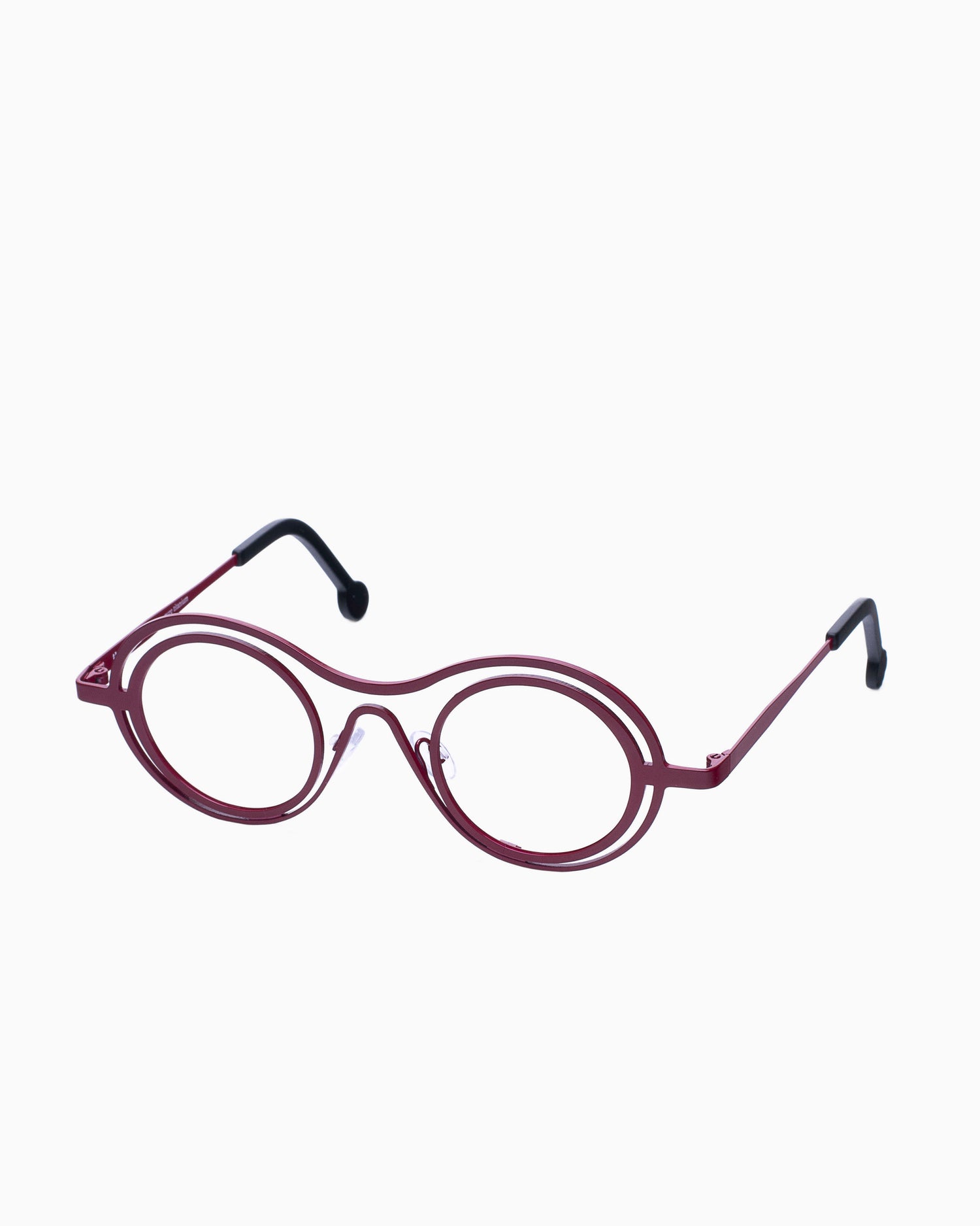 red metal round eyeglasses by Theo model Conversation, front view, lunettes de vue Rouge rond
