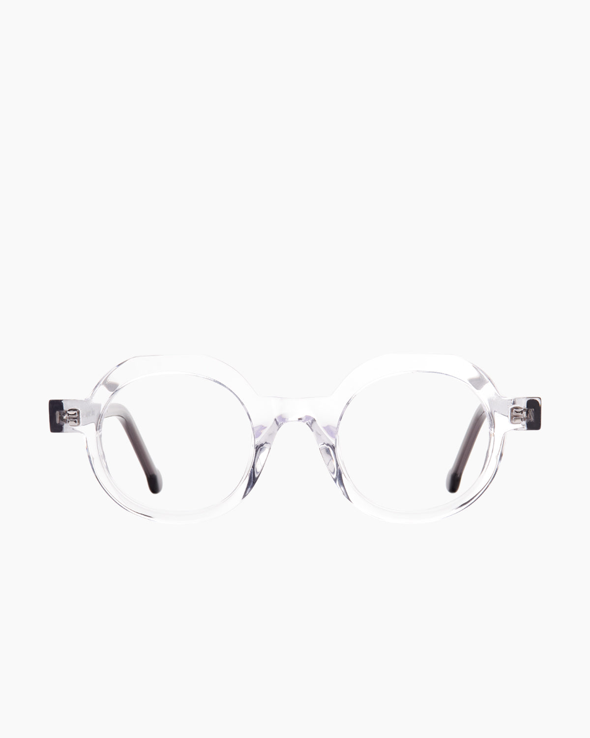crystal plastic round eyeglasses by Marie-Sophie Dion model Rambou, front view, lunettes de vue rond couleur cristal