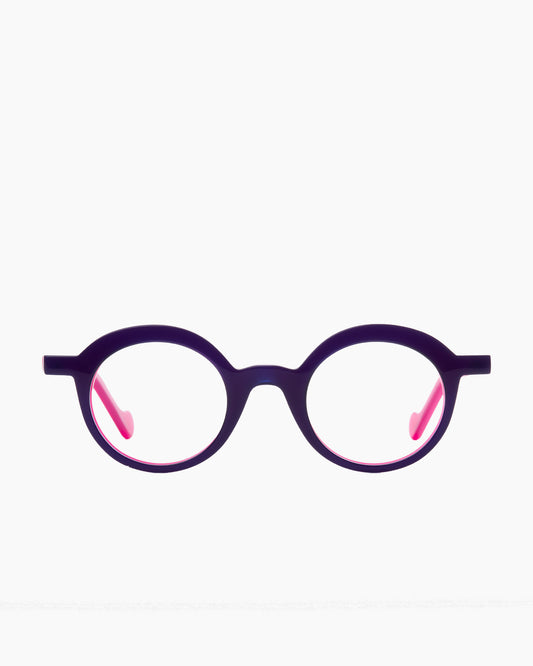 purple plastic round eyeglasses by Anne et Valentin model Armel, front view, lunettes de vue rond couleur violet