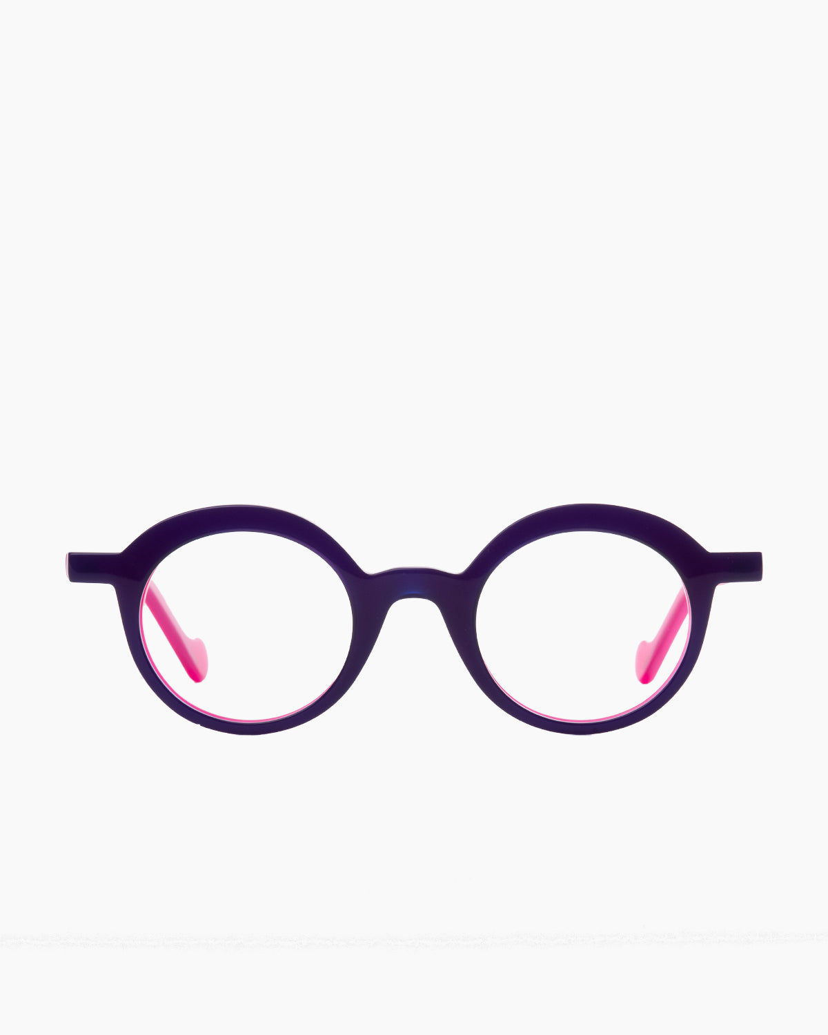 purple plastic round eyeglasses by Anne et Valentin model Armel, front view, lunettes de vue rond couleur violet