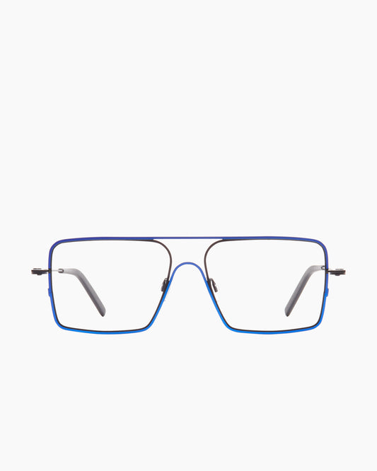 blue metal rectangle eyeglasses by Theo model Isohel, front view, lunettes de vue rectangle couleur bleu