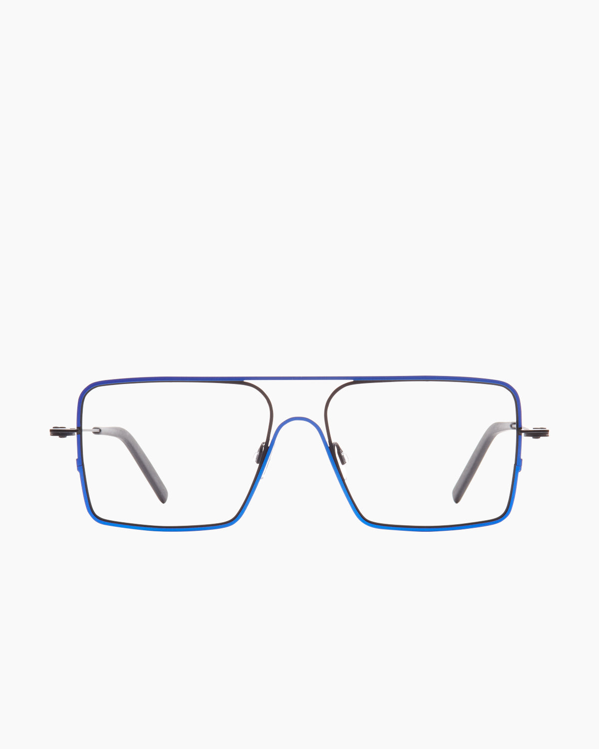 blue metal rectangle eyeglasses by Theo model Isohel, front view, lunettes de vue rectangle couleur bleu
