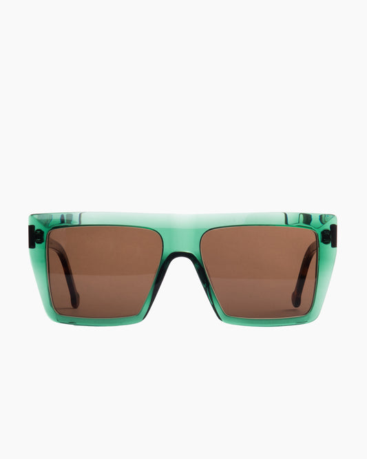green plastic rectangle  sunglassesby Marie-Sophie Dion model Lucas, front view, lunettes de vue rectangle couleur vert