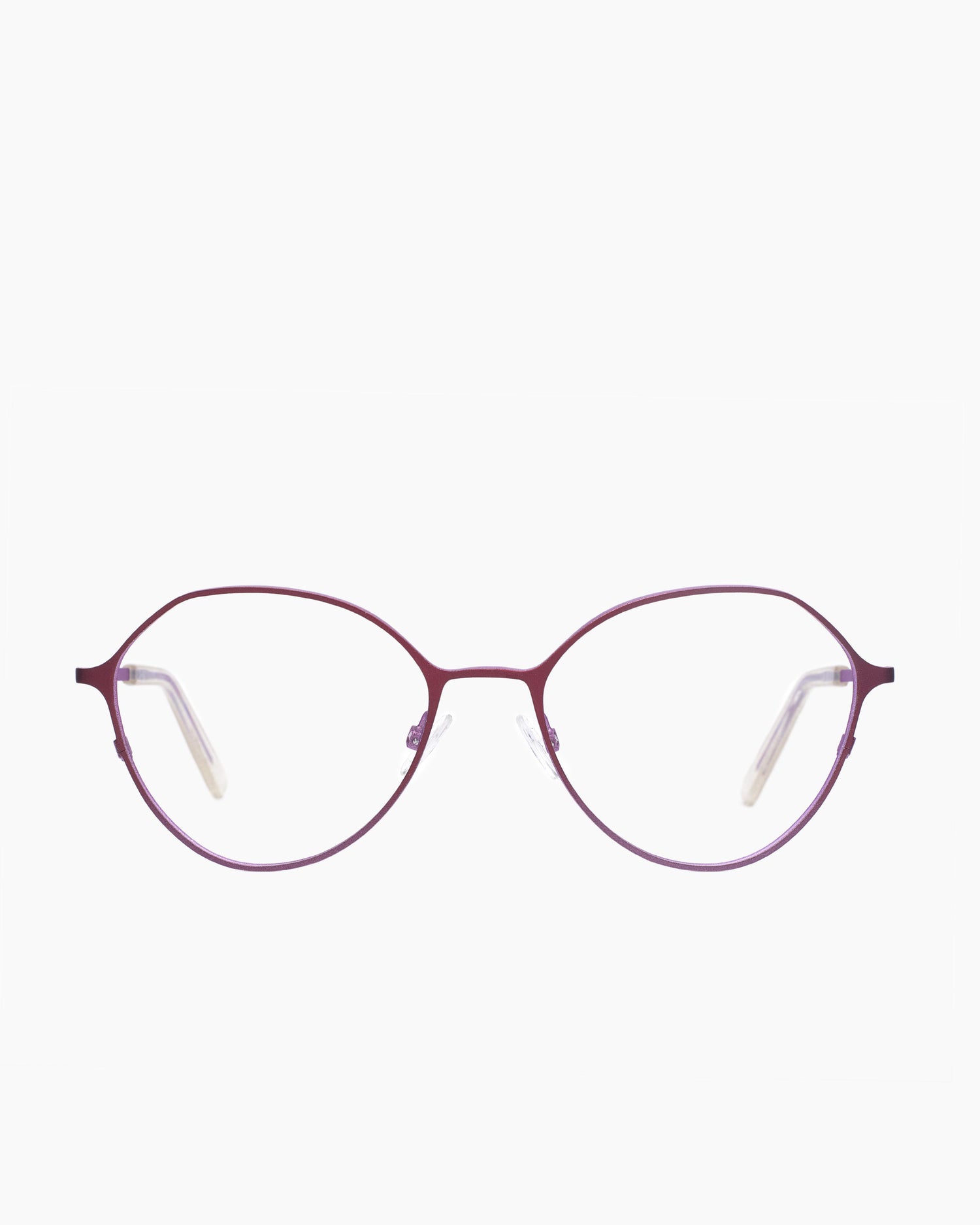 pink metal butterfly eyeglasses by Spectacleeyeworks model Peggy, front view, lunettes de vue Rose papillon