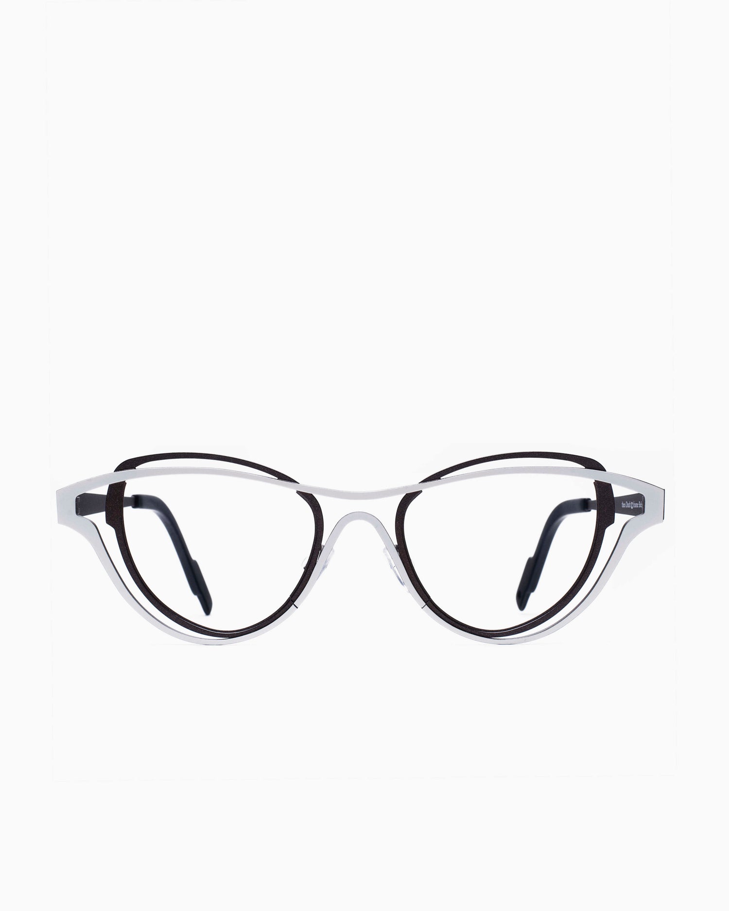 white metal cat eyeglasses by Theo model Draft , front view, lunettes de vue Blanc 