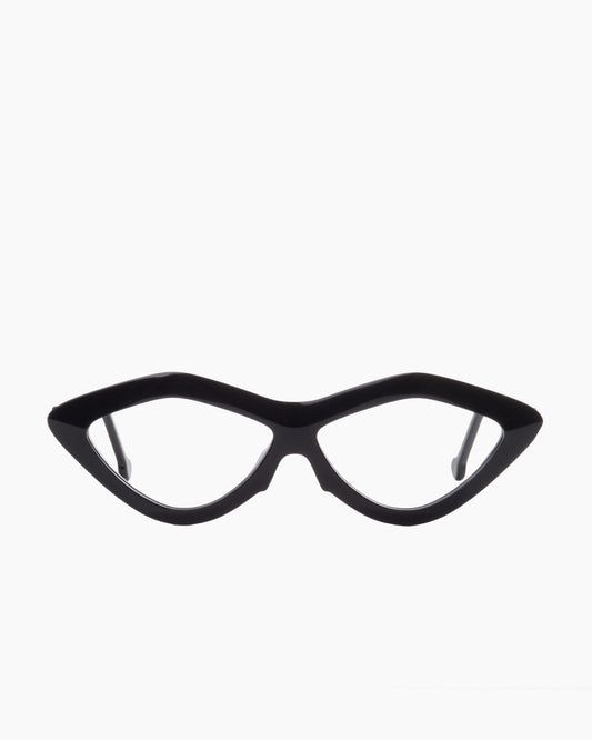 black plastic triangle eyeglasses by Marie-Sophie Dion model Lorenzo, front view, lunettes de vue triangle couleur noir