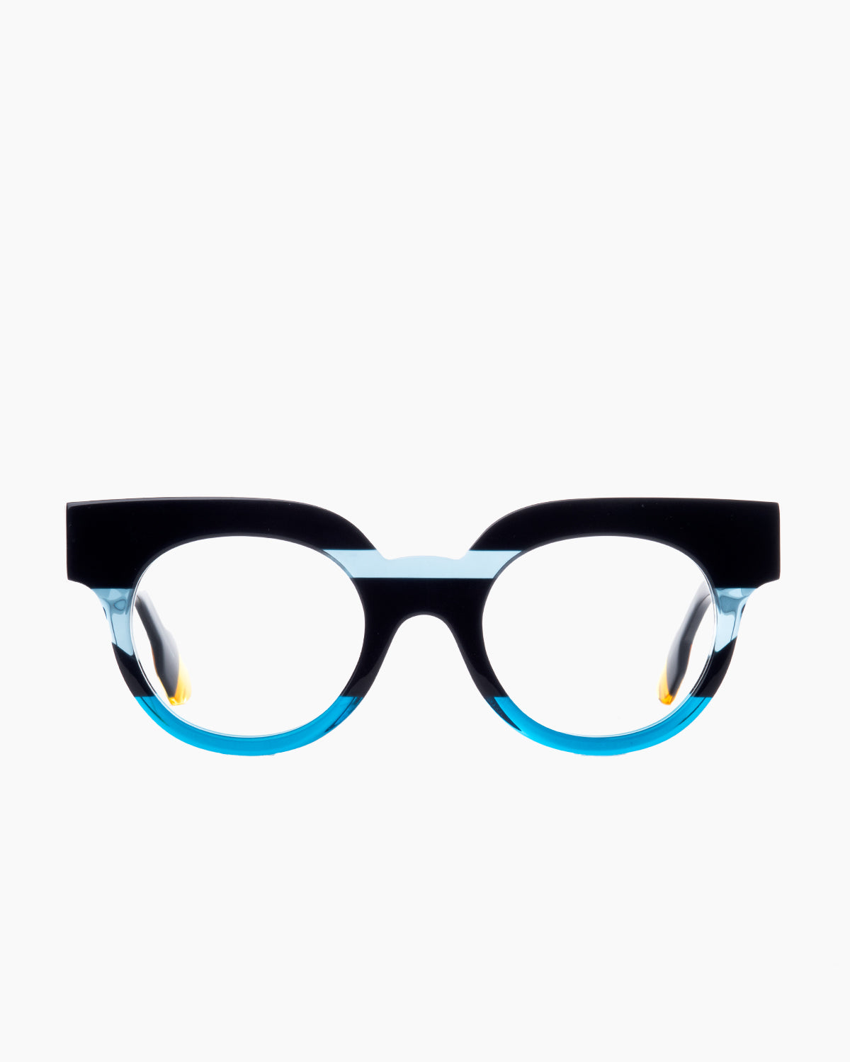 blue plastic butterfly eyeglasses by Anne et Valentin model Hihi, front view, lunettes de vue papillon couleur bleu