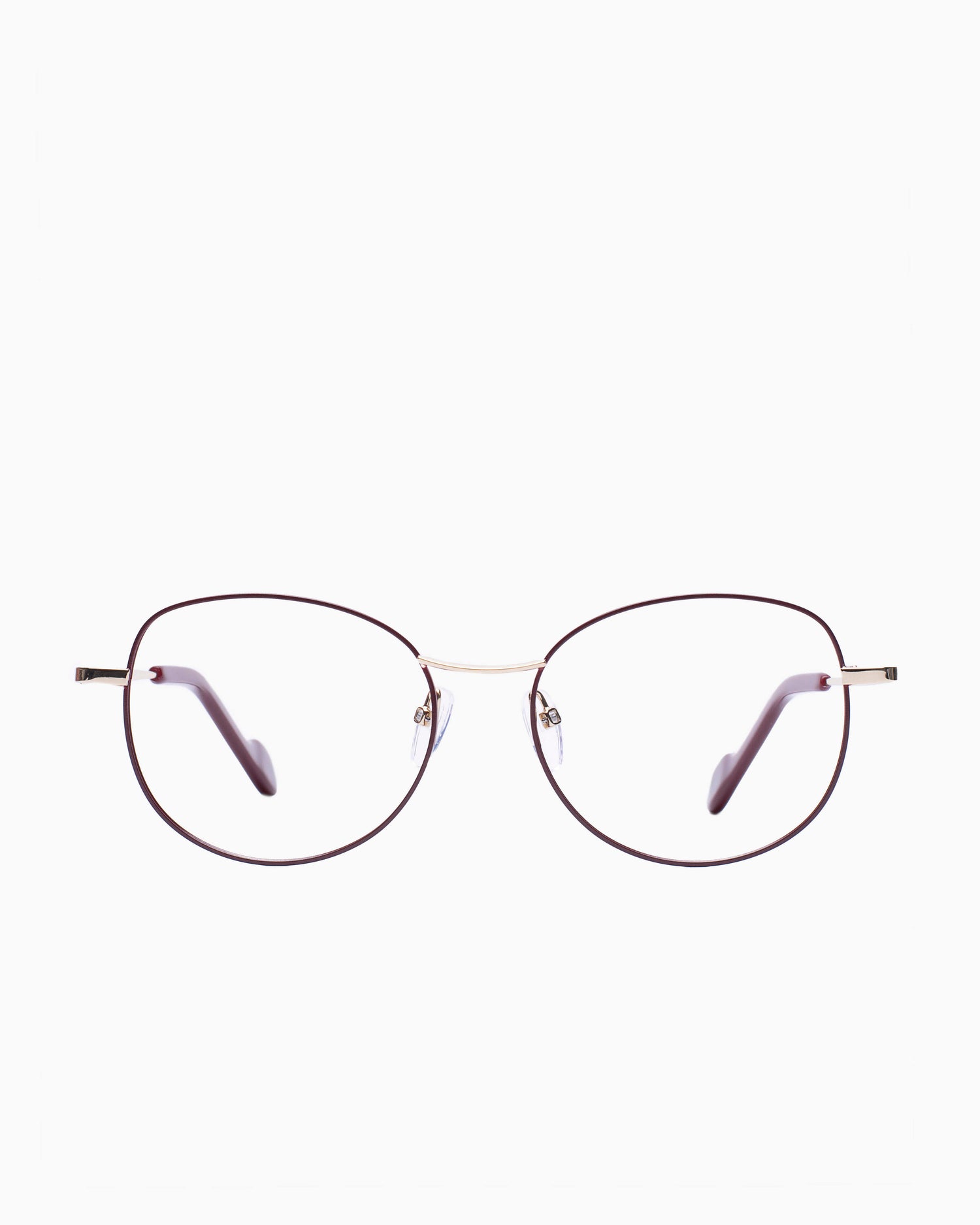 red metal round eyeglasses by Nao Ned model Maiwenn, front view, lunettes de vue bourgogne rond