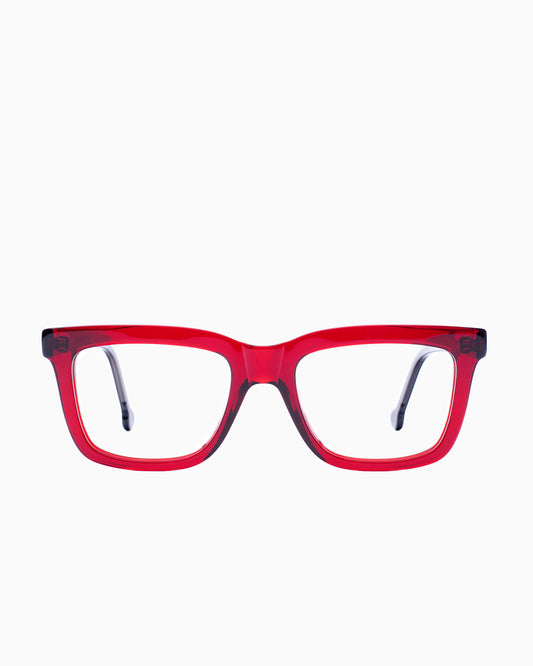 red plastic rectangle eyeglasses by Marie-Sophie Dion model Laflamme, front view, lunettes de vue rectangle couleur bourgogne